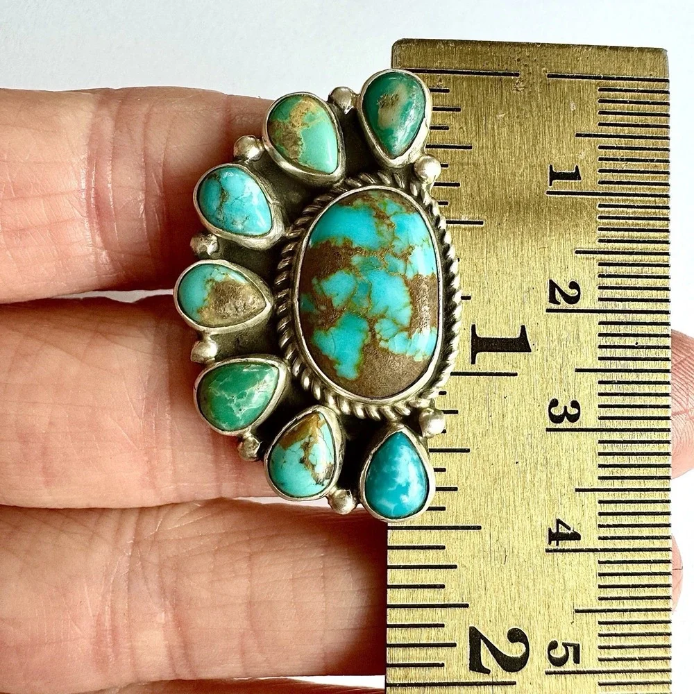 Navajo Turquoise Ring Half Cluster Sz7 Adj Sterling Signed G James‎ Native Amer